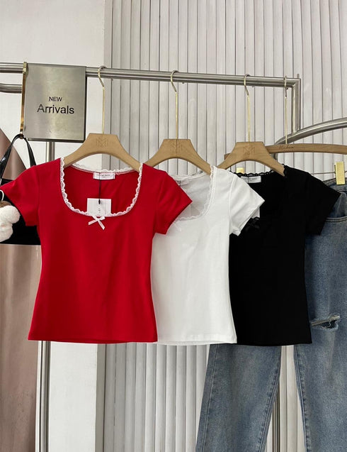 Women Aesthetic Lace Trim Tops